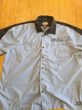Harley-Davidson Light Blue and Black Short Sleeve Button-Up Work Shirt